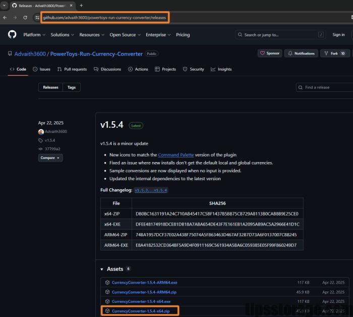 PowerToys Run 환율 계산기 플러그인 깃허브 릴리즈 페이지에서 x64 zip 파일 다운로드 화면